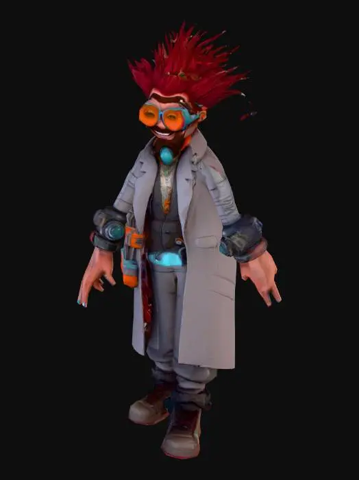 3D model for um cientista maluco, com barba, óculos grandes e grossos, rosto sorridente, corpo robusto, e musculoso, vestindo roupas de algodão, estilo futurista, ultra realístico, extremamente detalhado