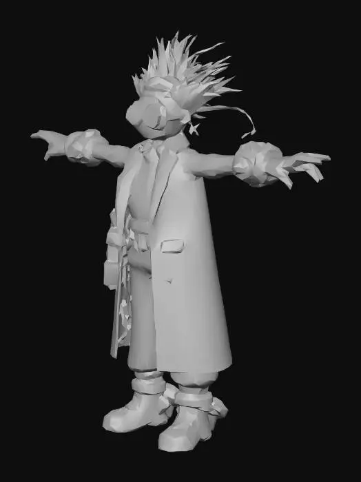 3D model for um cientista maluco, com barba, óculos grandes e grossos, rosto sorridente, corpo robusto, e musculoso, vestindo roupas de algodão, estilo futurista, ultra realístico, extremamente detalhado