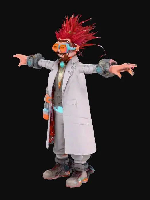 3D model for um cientista maluco, com barba, óculos grandes e grossos, rosto sorridente, corpo robusto, e musculoso, vestindo roupas de algodão, estilo futurista, ultra realístico, extremamente detalhado