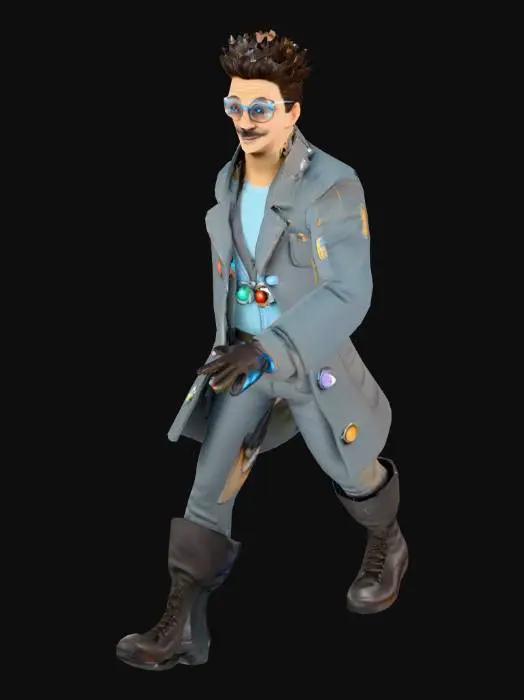 3D model for um cientista revolucionário de ficção científica, neto de Einstein, com óculos grandes e grossos, rosto sorridente, vestido com roupas de inspeção de spaço portos, e feitas de algodão, cores vibrantes, com cinturão carregando várias ferramentas de seu trabalho, ultra realístico, extremamente detalhado