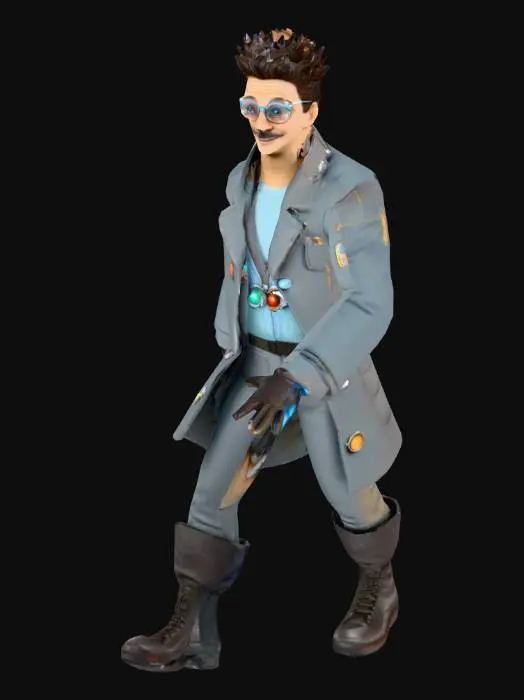 3D model for um cientista revolucionário de ficção científica, neto de Einstein, com óculos grandes e grossos, rosto sorridente, vestido com roupas de inspeção de spaço portos, e feitas de algodão, cores vibrantes, com cinturão carregando várias ferramentas de seu trabalho, ultra realístico, extremamente detalhado