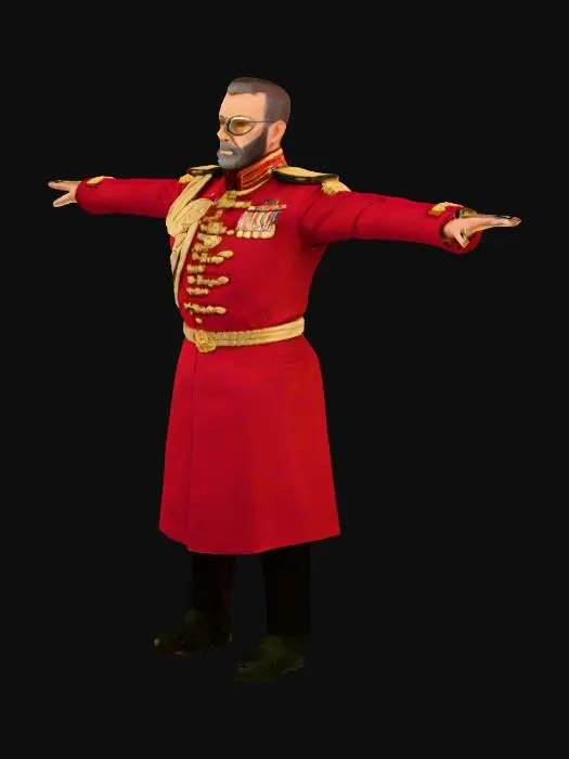 3D model for um general brilhante, de uma época de ficção científica, com óculos, barba rala, vestindo roupas vibrantes de vermelho escuro, de algodão de ficção científica, extremamente detalhado