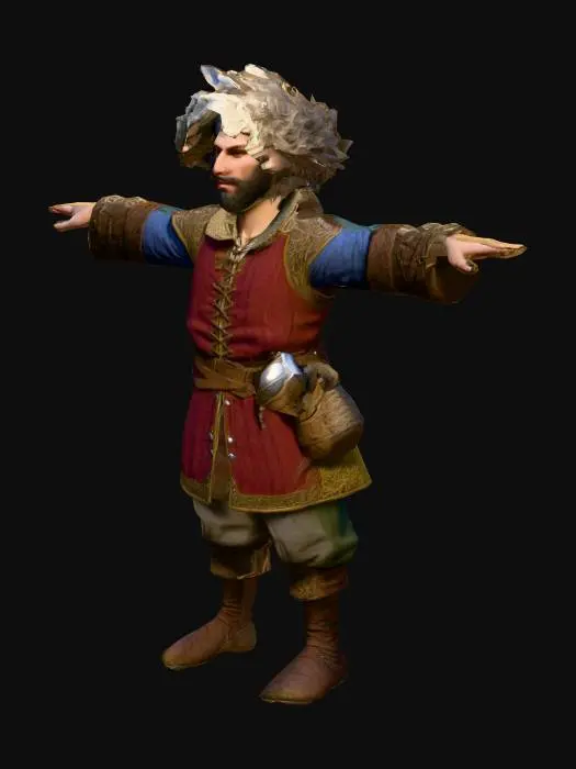 3D model for um Bardo de jogo RPG fantasia feudal, extremamente detalhado, ultra realístico
