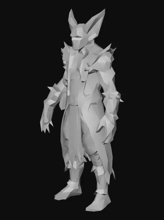 3D model for um chefão goblin de jogo RPG fantasia, cicatrizes no rosto sorridente,  corpo alto, robusto e musculoso, veste roupas de couro, com um machado de cortar madeira na mão,  altamente detalhado