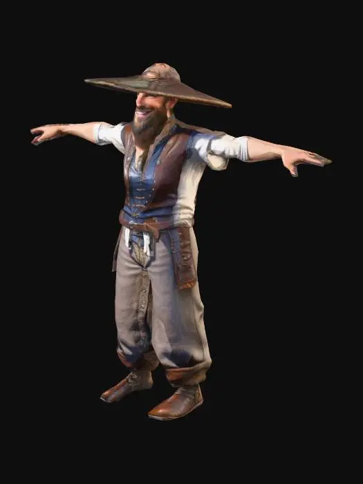 3D model for um camponês humano fantasia de um jogo de RPG feudal fantasia, rosto sorrindo, corpo robusto, vestindo roupas de algodão, colete de couro, e botas de couro,  extremamente detalhado