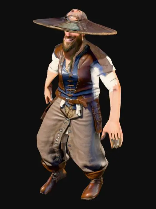 3D model for um camponês humano fantasia de um jogo de RPG feudal fantasia, rosto sorrindo, corpo robusto, vestindo roupas de algodão, colete de couro, e botas de couro,  extremamente detalhado