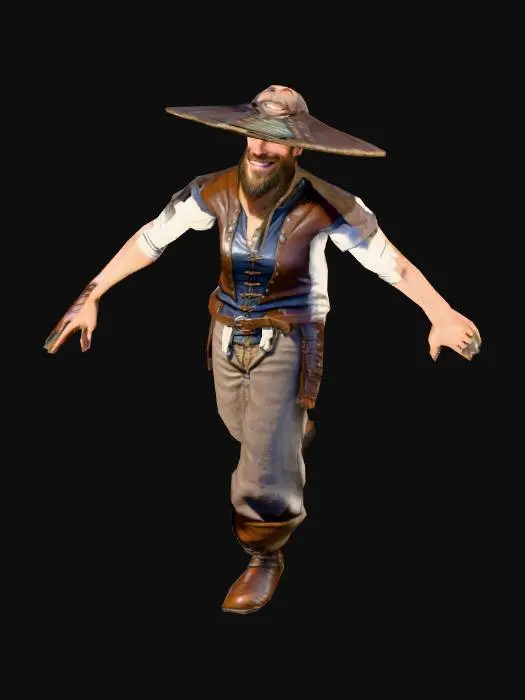 3D model for um camponês humano fantasia de um jogo de RPG feudal fantasia, rosto sorrindo, corpo robusto, vestindo roupas de algodão, colete de couro, e botas de couro,  extremamente detalhado