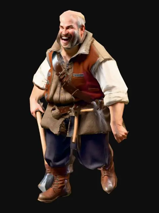 3D model for um trabalhador humano fantasia de um jogo de RPG feudal fantasia, rosto rindo, corpo robusto, vestindo roupas de lã, colete de algodão, usando botas de couro, na mão uma picareta , as mãos distantes do corpo, em pose-A natural, extremamente detalhado