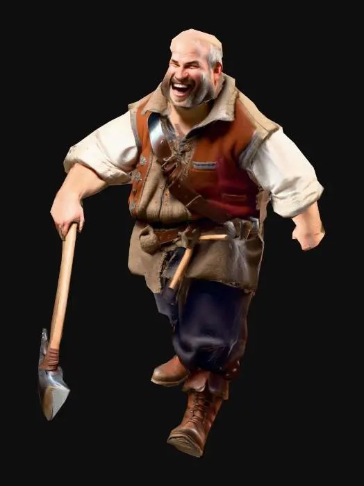 3D model for um trabalhador humano fantasia de um jogo de RPG feudal fantasia, rosto rindo, corpo robusto, vestindo roupas de lã, colete de algodão, usando botas de couro, na mão uma picareta , as mãos distantes do corpo, em pose-A natural, extremamente detalhado