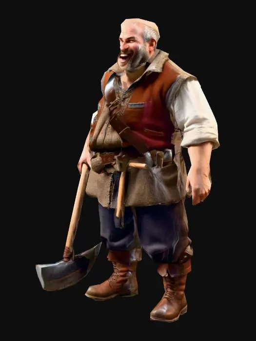 3D model for um trabalhador humano fantasia de um jogo de RPG feudal fantasia, rosto rindo, corpo robusto, vestindo roupas de lã, colete de algodão, usando botas de couro, na mão uma picareta , as mãos distantes do corpo, em pose-A natural, extremamente detalhado