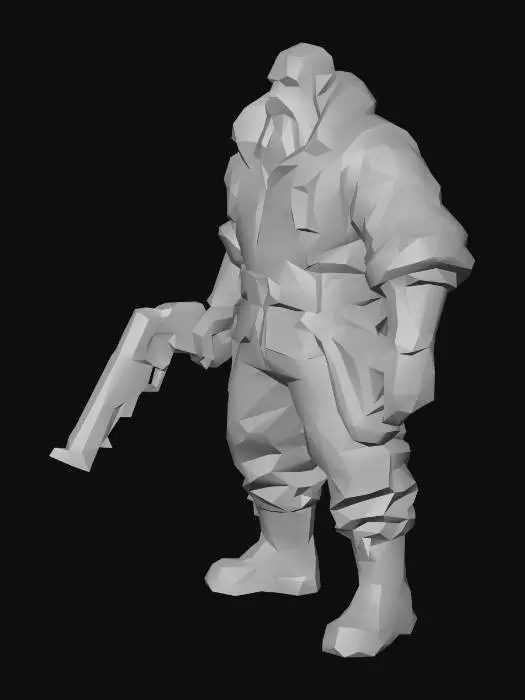 3D model for um  chefão camponês humano para um jogo RPG ficção científica, corpo robusto, vestindo roupas de lã, com cinto de couro, e botas de couro de cores claras,  em Pose-A natural, tendo na mão uma pistola sônica, as mãos distantes do corpo, extremamente detalhado