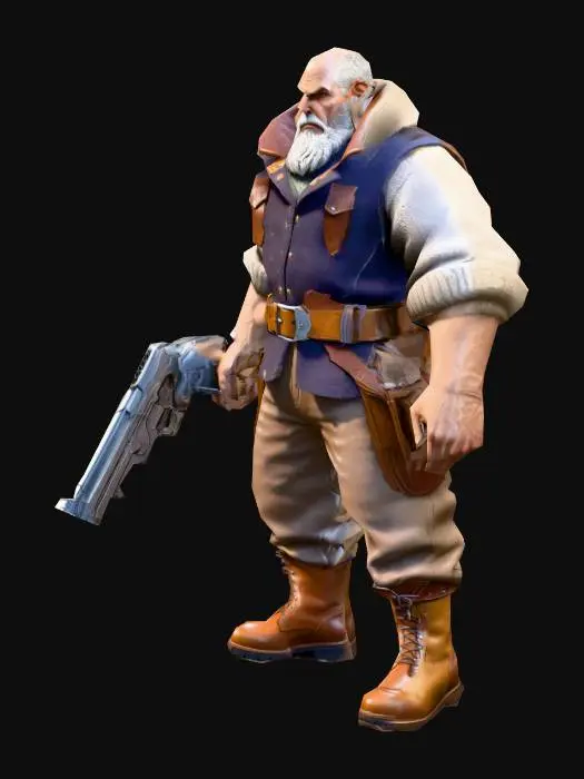 3D model for um  chefão camponês humano para um jogo RPG ficção científica, corpo robusto, vestindo roupas de lã, com cinto de couro, e botas de couro de cores claras,  em Pose-A natural, tendo na mão uma pistola sônica, as mãos distantes do corpo, extremamente detalhado