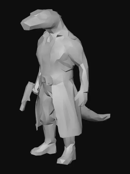 3D model for um chefão sáurio humanóide para um jogo RPG de ficção científica, vestindo roupas de algodão, cinturão de couro, botas de couro, em Pose-A Natural, a mão com uma pistola laser, as mãos distantes do corpo, extremamente detalhado