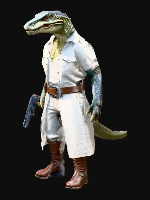 3D model for um chefão sáurio humanóide para um jogo RPG de ficção científica, vestindo roupas de algodão, cinturão de couro, botas de couro, em Pose-A Natural, a mão com uma pistola laser, as mãos distantes do corpo, extremamente detalhado