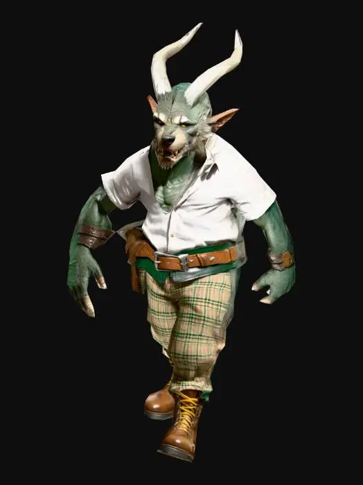 3D model for um  chefão gnoll para um jogo RPG ficção científica, corpo robusto, vestindo roupas de algodão, com calças longas em estampas de xadrez , com cinto de couro de cores verde escuro , e botas de couro de cores claras,  em Pose-A natural, extremamente detalhado