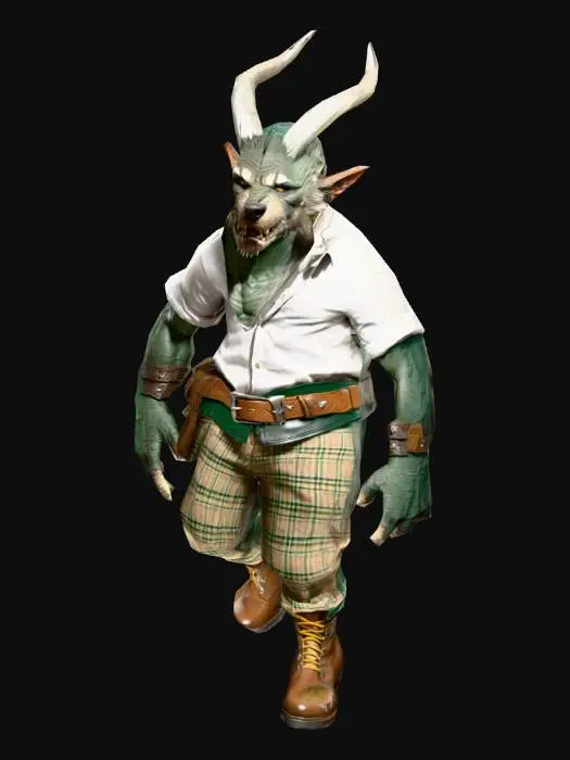 3D model for um  chefão gnoll para um jogo RPG ficção científica, corpo robusto, vestindo roupas de algodão, com calças longas em estampas de xadrez , com cinto de couro de cores verde escuro , e botas de couro de cores claras,  em Pose-A natural, extremamente detalhado