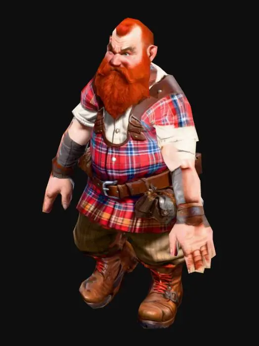 3D model for um dwarf trabalhador de um jogo RPG fantasia, rosto com barbas ruivas, espantado, corpo robusto, vestindo roupas de algodão em estampas de xadrez,  cinturão com ferramentas de trabalho, botas de couro largas,, extremamente detalhado