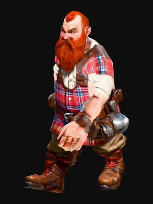 3D model for um dwarf trabalhador de um jogo RPG fantasia, rosto com barbas ruivas, espantado, corpo robusto, vestindo roupas de algodão em estampas de xadrez,  cinturão com ferramentas de trabalho, botas de couro largas,, extremamente detalhado