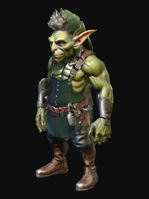 3D model for um goblin trabalhador ,de jogo RPG fantasia medieval, alto, corpo robusto e musculoso, roupas de lã cores verde escuro, cinturação com muitas ferramentas de trabalho, botas de couro, altamente detalhado