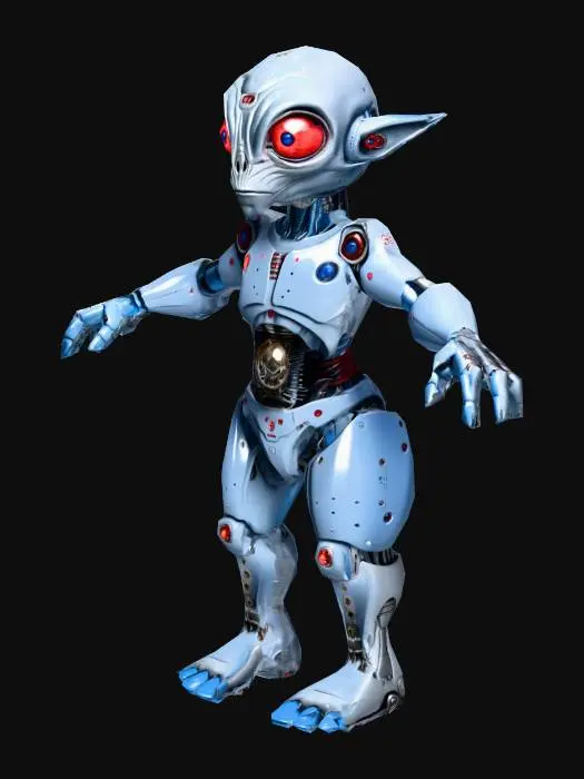 3D model for um robô alienígena cientista, dos anos de 3650,  com olhos vermelhos, corpo em cores cinza e azul, com um cinturão com dispositivos de pesquisa científica, extremamente detalhado