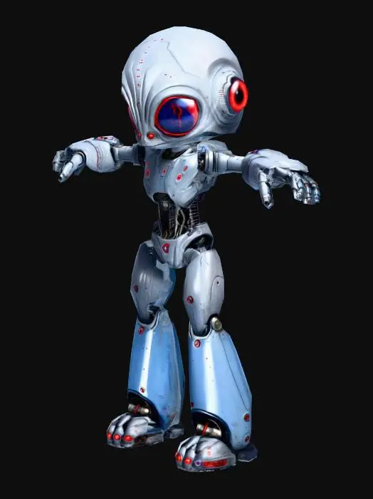 3D model for um robô cientista alienígena , dos anos de 3250,  com olhos vermelhos, corpo em cores cinza e azul, com um cinturão com dispositivos de pesquisa científica, extremamente detalhado