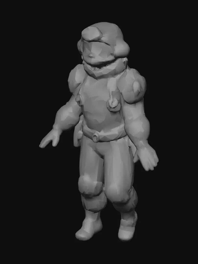 3D model for alien mining worker, gray skin, huge red eyes, with glasses, robust body; with green colors cotton clothes ; with also with a red color bell in the body, extremely detailed