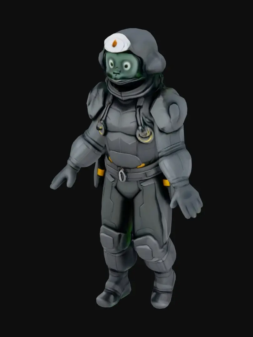 3D model for alien mining worker, gray skin, huge red eyes, with glasses, robust body; with green colors cotton clothes ; with also with a red color bell in the body, extremely detailed