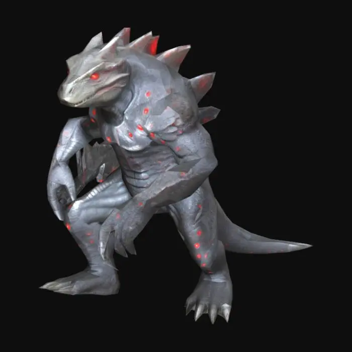 3D model for um guerreiro sauriano, com muitas escamas pelo corpo robusto, rosto com olhos vermelhos grandes, corpo detalhado com pele cinza escura, roupas de ficção científica. Em A pose, uma arma lase em uma mão, as mãos meio distantes do corpo, os braços e a arma alinhadas com o corpo, mas a uma certa distância.