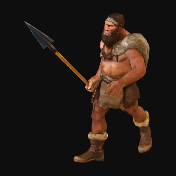 3D model for um caçador neandertal, rosto barbudo, zangado, nariz grande e achatado. veste roupas da pré-história. A pose, com uma lança pequena em uma mão.