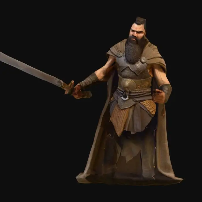 3D model for um guerreiro tribal babilônico, rosto barbudo, zangado, e detalhado. corpo detalhado, vestindo roupas babilônicas. Em A pose, com uma pequena espada em uma mão. As mãos meio distantes do corpo.