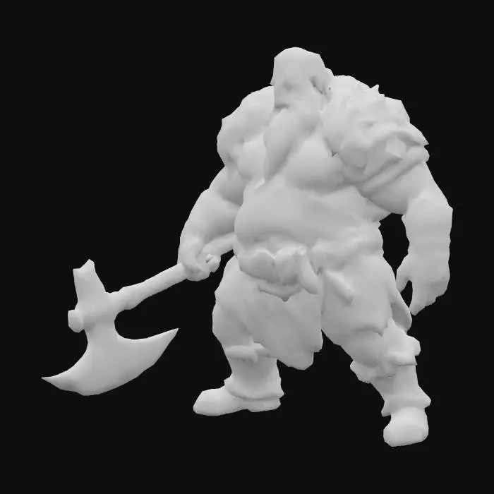 3D model for um anão de batalha fantasia; as mãos meio distantes do corpo; carregando um machado na mão direita; em A pose; arte para jogo mobile