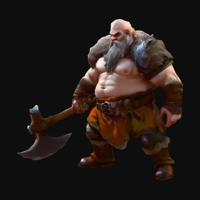 3D model for um anão de batalha fantasia; as mãos meio distantes do corpo; carregando um machado na mão direita; em A pose; arte para jogo mobile