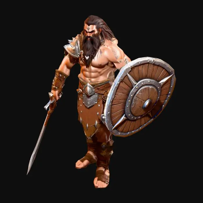 3D model for a highly detailed robust fantasy barbarian warrior in A pose, art for mobile game
