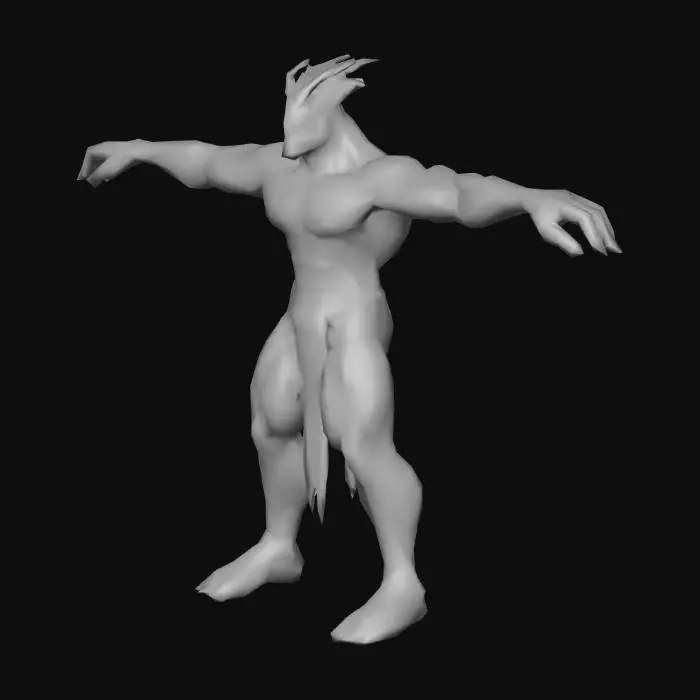3D model for An Alien Warrior highly detailed; with big eyes in color blue;  massive, muscular body and rough; art for game mobile