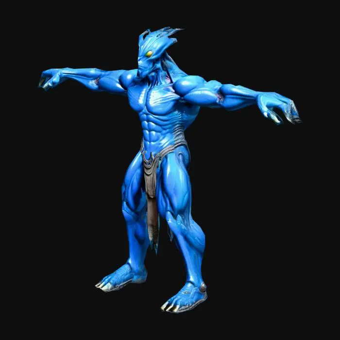 3D model for An Alien Warrior highly detailed; with big eyes in color blue;  massive, muscular body and rough; art for game mobile