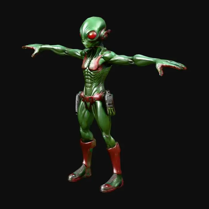 3D model for A highly detailed alien worker model, with big eyes dark green colors, body in dark red colors, and with a massive, muscular body and rough, art for game mobile