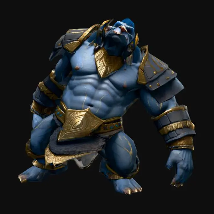 3D model for full-body 3D character model of a blue-gray troll warrior standing in a perfect T-pose (arms slightly downward at 45°, legs shoulder-width, upright and balanced). muscular build, fierce expression, long ears, large tusks, rough skin with dark stone-like patches. wearing heavy gold tribal armor and accessories — large bracers, belt, knee guards, and skull ornaments. stylized fantasy semi-realistic look, clean PBR materials with detailed metal reflection and rough skin texture. proportionally accurate, no extra props, plain gray or white background, modeling reference.