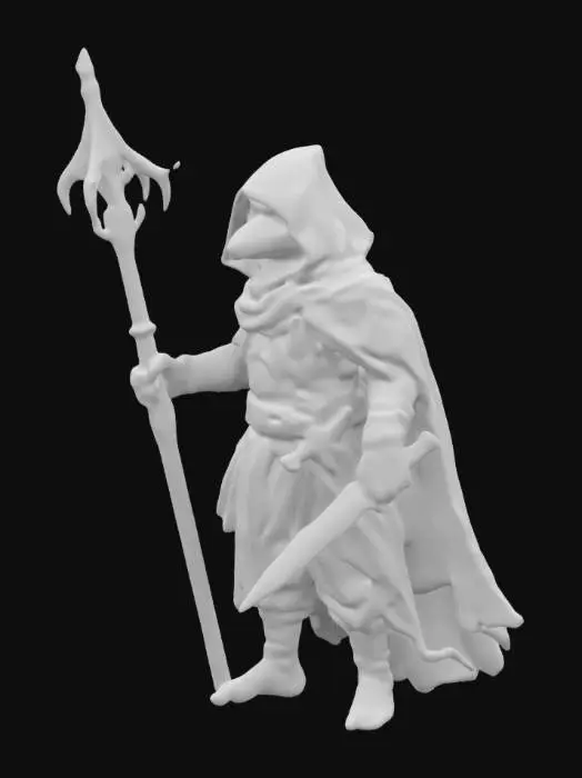 3D model for The object depicted is a humanoid figure with a reptilian face, wearing a hooded cloak with a rugged texture, characterized by dark, earthy tones and equipped with combat gear including a dagger and staff., 