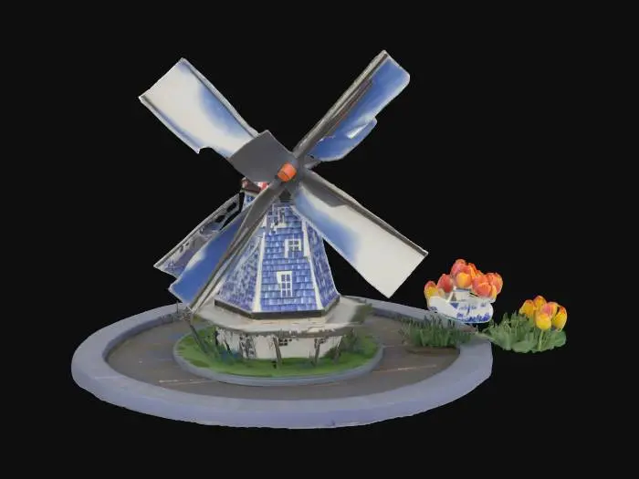 3D model for [Amsterdam-Holland-Netherlands]  
Dutch canal side diorama.
 Traditional windmill whose sails transform into translucent, tulip‑petal–shaped solar panels.
Base balcony wrapped in blue‑and‑white Delft‑tile balustrades.
Stylish Dutch courier perched on a hover‑bike shaped like an oversized wooden clog. Blue urban courier satchel, orange scarf fluttering.  
Canal water with slight ripples; moored cheese‑wheel barge stacked high with wax‑coated Gouda rounds.  
Vibrant tulip planter boxes line the quay.
Delft‑porcelain cat naps on a windowsill.
A minuscule orange lion peeks out of a tulip blossom
PBR workflow, 4 K textures.  Micro‑crackle glaze normals on Delft tiles, fine wood grain on clog bike, subsurface scatter on tulip petals. early‑morning soft pink sunlight, cool ambient sky‑fill.