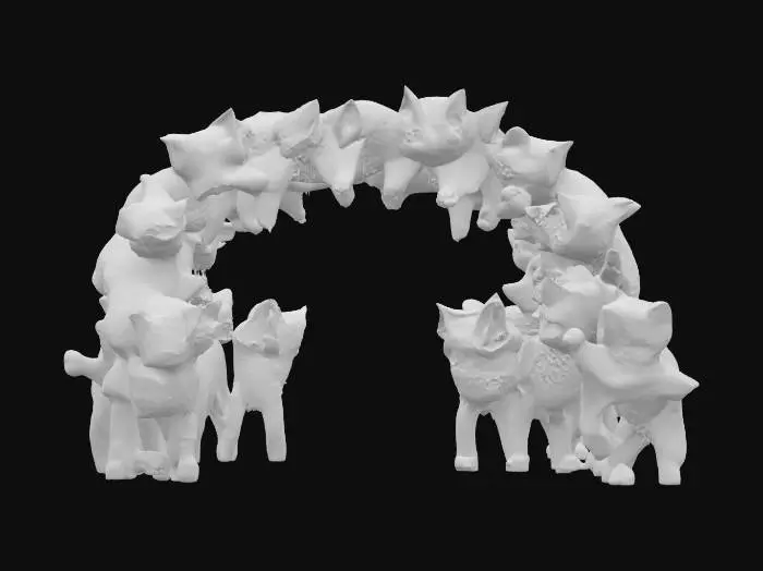 3D model for #arch# Whimsical archway built entirely from a pile of the happiest, cutest kittens . All coat types including tabby, Siamese, tuxedo, calico, longhair, and shorthair, randomly placed. Each kitten is fluffy, smiling, and playfully curled or stacked, forming the arch with soft, tangled paws and waving tails. Emphasize ultra-detailed fur textures, big sparkling eyes, and joyful expressions. Warm lighting, cozy atmosphere, soft shadows, high realism, irresistible cuteness.