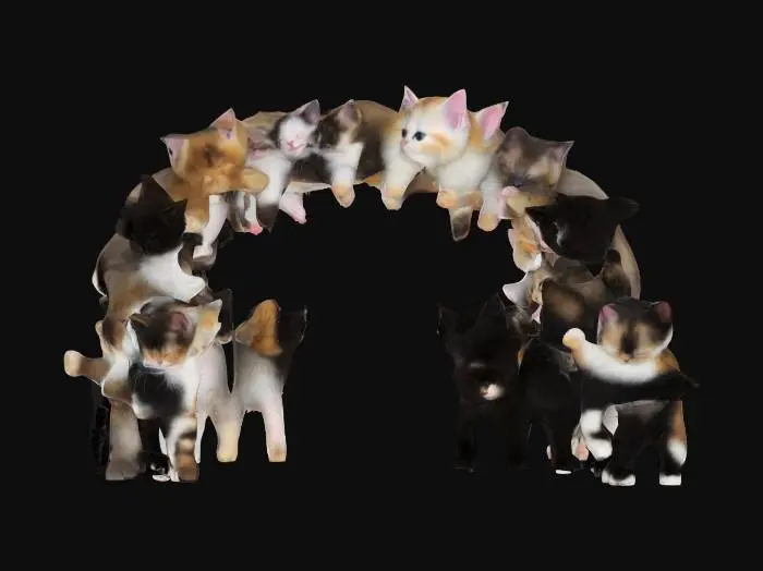 3D model for #arch# Whimsical archway built entirely from a pile of the happiest, cutest kittens . All coat types including tabby, Siamese, tuxedo, calico, longhair, and shorthair, randomly placed. Each kitten is fluffy, smiling, and playfully curled or stacked, forming the arch with soft, tangled paws and waving tails. Emphasize ultra-detailed fur textures, big sparkling eyes, and joyful expressions. Warm lighting, cozy atmosphere, soft shadows, high realism, irresistible cuteness.