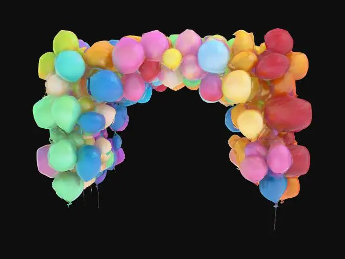 3D model for #arch# Radiant archway composed of millions of floating balloons in every imaginable color — glossy, reflective, and semi-transparent. Each balloon gently bobs in place, forming a perfect arc of levitating joy. Include a mix of sizes and shapes, with realistic string tangles, subtle light reflections, and soft shadow interplay. Ultra-detailed rubber textures, high-gloss surfaces, photorealistic lighting, dreamlike, cheerful.