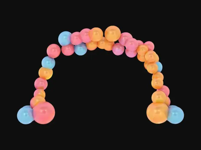 3D model for #arch# Radiant archway composed of millions of round floating balloons in every imaginable color — glossy, reflective, and semi-transparent. Each balloon gently bobs in place, forming a perfect arc of levitating joy. Include a mix of sizes and shapes, with realistic string tangles, subtle light reflections, and soft shadow interplay. Ultra-detailed rubber textures, high-gloss surfaces, photorealistic lighting, dreamlike, cheerful.