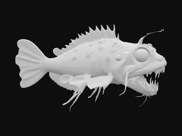 3D model for A hyper-realistic deep-sea angler fish, bioluminescent lure glowing an eerie blue, jagged translucent teeth, rough textured skin with barnacles and scars, large sunken eyes reflecting dim ocean light. Fins are torn and frilled, tail trailing tendrils like jellyfish. Set in pitch-black abyss with ambient particles, faint light rays filtering from above. Creature design is a mix of terrifying and majestic—alien yet biologically grounded. Stylized for cinematic animation, highly detailed topology.