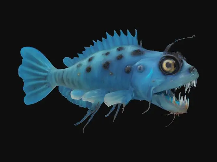 3D model for A hyper-realistic deep-sea angler fish, bioluminescent lure glowing an eerie blue, jagged translucent teeth, rough textured skin with barnacles and scars, large sunken eyes reflecting dim ocean light. Fins are torn and frilled, tail trailing tendrils like jellyfish. Set in pitch-black abyss with ambient particles, faint light rays filtering from above. Creature design is a mix of terrifying and majestic—alien yet biologically grounded. Stylized for cinematic animation, highly detailed topology.