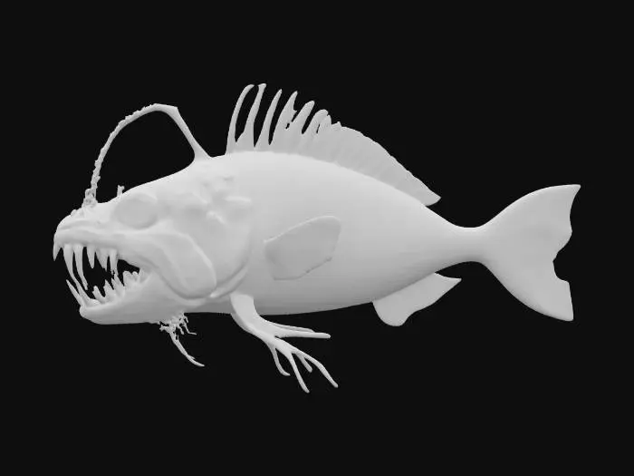 3D model for A hyper-realistic deep-sea angler fish, bioluminescent lure glowing an eerie blue, jagged translucent teeth, rough textured skin with barnacles and scars, large sunken eyes reflecting dim ocean light. Fins are torn and frilled, tail trailing tendrils like jellyfish. Set in pitch-black abyss with ambient particles, faint light rays filtering from above. Creature design is a mix of terrifying and majestic—alien yet biologically grounded. Stylized for cinematic animation, highly detailed topology.