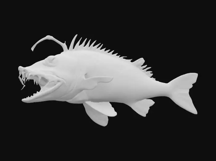 3D model for A hyper-realistic deep-sea angler fish, bioluminescent lure glowing an eerie blue, jagged translucent teeth, rough textured skin with barnacles and scars, large sunken eyes reflecting dim ocean light. Fins are torn and frilled, tail trailing tendrils like jellyfish. Set in pitch-black abyss with ambient particles, faint light rays filtering from above. Creature design is a mix of terrifying and majestic—alien yet biologically grounded. Stylized for cinematic animation, highly detailed topology.