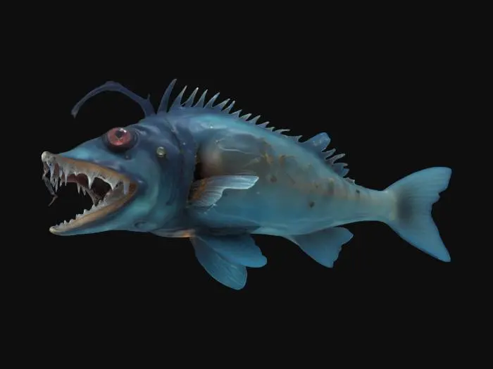 3D model for A hyper-realistic deep-sea angler fish, bioluminescent lure glowing an eerie blue, jagged translucent teeth, rough textured skin with barnacles and scars, large sunken eyes reflecting dim ocean light. Fins are torn and frilled, tail trailing tendrils like jellyfish. Set in pitch-black abyss with ambient particles, faint light rays filtering from above. Creature design is a mix of terrifying and majestic—alien yet biologically grounded. Stylized for cinematic animation, highly detailed topology.