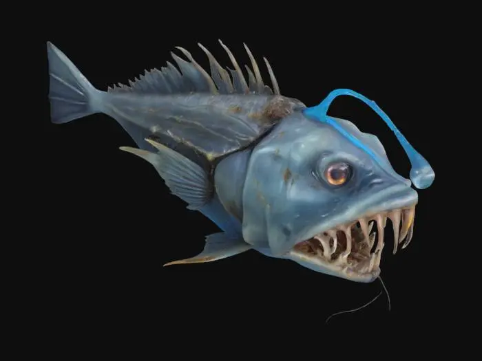 3D model for A hyper-realistic deep-sea angler fish, bioluminescent lure glowing an eerie blue, jagged translucent teeth, rough textured skin with barnacles and scars, large sunken eyes reflecting dim ocean light. Fins are torn and frilled, tail trailing tendrils like jellyfish. Set in pitch-black abyss with ambient particles, faint light rays filtering from above. Creature design is a mix of terrifying and majestic—alien yet biologically grounded. Stylized for cinematic animation, highly detailed topology.
