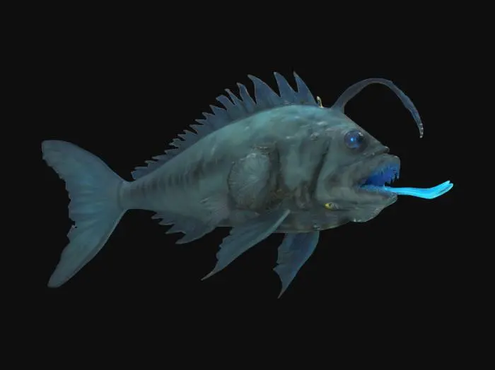 3D model for A hyper-realistic deep-sea angler fish, bioluminescent lure glowing an eerie blue, jagged translucent teeth, rough textured skin with barnacles and scars, large sunken eyes reflecting dim ocean light. Fins are torn and frilled, tail trailing tendrils like jellyfish. Set in pitch-black abyss with ambient particles, faint light rays filtering from above. Creature design is a mix of terrifying and majestic—alien yet biologically grounded. Stylized for cinematic animation, highly detailed topology.
